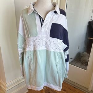 Patchwork Lace Rugby Pullover in Mint, Navy & White We the Free People large